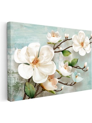 Kanvas Tablo Kabartma Görünümlü Manolya Dalı Çiçek Tablosu Ev Ofis Duvar Dekoru