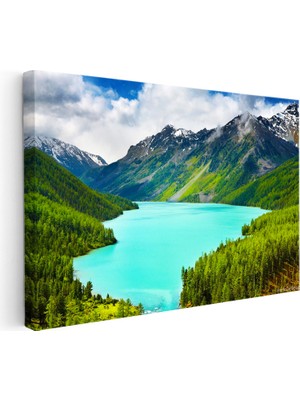 Kanvas Tablo Turkuaz Alp Gölü ve Yeşil Vadi Manzara Tablosu Ev Ofis Duvar Dekoru