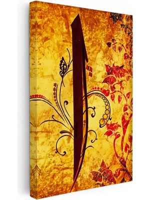 Kanvas Tablo Elif Harfi Sarı Yaprak Desenli Dini Islami Tablo Ev Ofis Duvar Dekoru