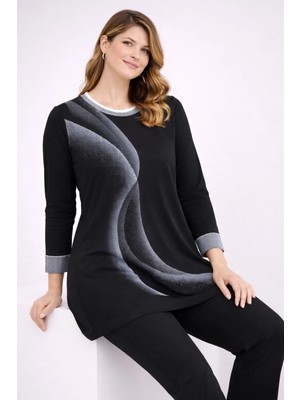 Şans Kadın Büyük Beden Siyah, Taş Işli , Yaka ve Kol Ağzı Ribana Detaylı Tunik 65N39376