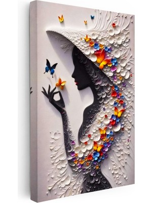 Kanvas Tablo Kelebek Şapkalı Kadın Modern Sanat Tablosu Ev Ofis Duvar Dekoru