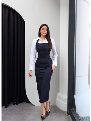 Esra Helvacı Kare Yaka Kalın Askılı Denim Elbise