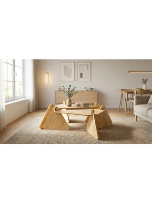 Praktura Stylish Ahşap Orta Sehpa, 60 x 80 Dikdörtgen Üçgen Sehpa, Doğal Ahşap Kontrplak
