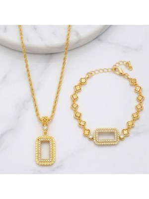 Ferizz Altın Kaplama Gram Çerçeve Kolye Ucu ve Gram Çerçeve Çiçekli Bileklik Kombini BND-148