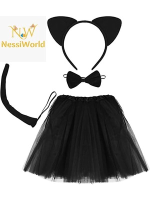NW NessiWorld Kedi Eteği Tacı Kuyruğu ve Papyon Seti Siyah Renk Çocuk Boy