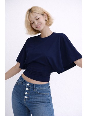 Avakado Bele Oturan Toparlayıcı Crop Bluz Geniş Kollu Üst