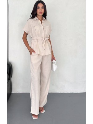 Düğme Detaylı Bağlamalı Keten Alt Üst Takım