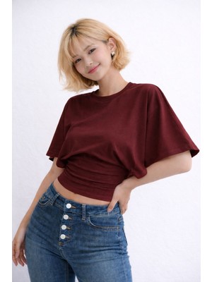 Avakado Bele Oturan Toparlayıcı Crop Bluz Geniş Kollu Üst