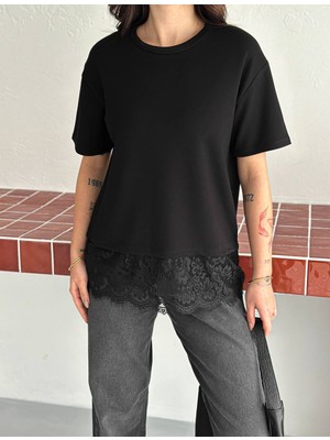 Noa Noa Eteği Dantel Detaylı Basic T-Shirt