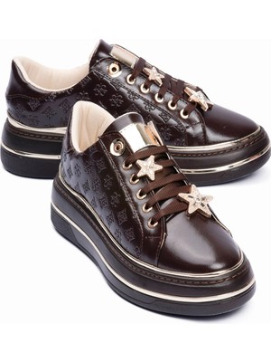 Mubiano Kadın Sneaker Gold Yıldız Detaylı Kalın Tabanlı Spor Ayakkabı Veronica Kahverengi