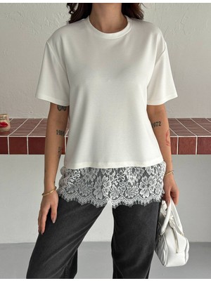 Noa Noa Eteği Dantel Detaylı Basic T-Shirt