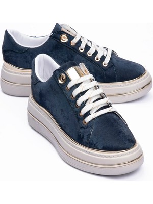 Mubiano Kadın Sneaker Kadife Desenli Gold Detaylı Kalın Tabanlı Spor Ayakkabı Lilium Lacivert
