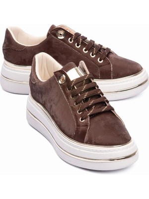 Mubiano Kadın Sneaker Kadife Desenli Gold Detaylı Kalın Tabanlı Spor Ayakkabı Lilium Kahverengi