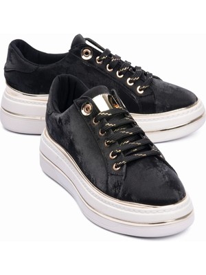 Mubiano Kadın Sneaker Kadife Desenli Gold Detaylı Kalın Tabanlı Spor Ayakkabı Lilium Siyah