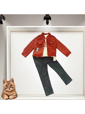 3-4-5 Yaş Fitilli Kadife Ceket Kot Pantolonlu 3lü Kız Erkek Çocuk Takımı Kiremit