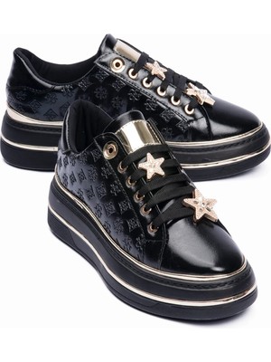 Mubiano Kadın Sneaker Gold Yıldız Detaylı Kalın Tabanlı Spor Ayakkabı Veronica Siyah
