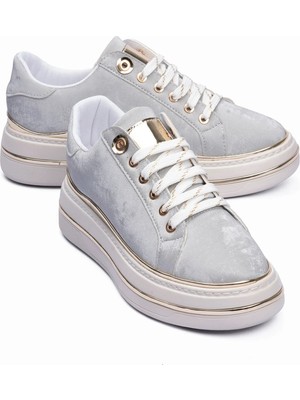 Mubiano Kadın Sneaker Kadife Desenli Gold Detaylı Kalın Tabanlı Spor Ayakkabı Lilium Gri