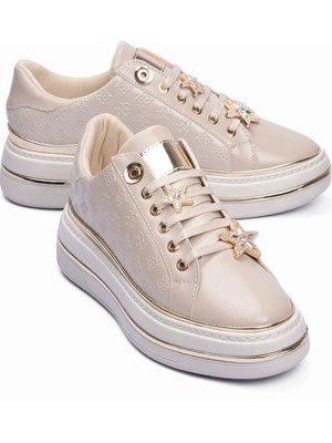 Mubiano Kadın Sneaker Gold Yıldız Detaylı Kalın Tabanlı Spor Ayakkabı Veronica Bej