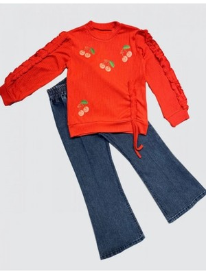 4-5-6 Yaş Kot Pantolonlu Kiraz Desenli Penye Sweat Uzun Kollu 2li Kız Çocuk Takımı Kırmızı