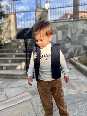 3-4-5 Yaş Fitilli Kadife Pantolon Kapitone Kapşonlu Yelek Uzun Kollu Sweat 3lü Erkek Çocuk Takımı Lacivert