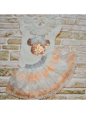 1-2-3 Yaş Payetli Mickey Nakışlı Kısa Kollu Brode Etekli 2li Kız Bebek Takımı Pudra