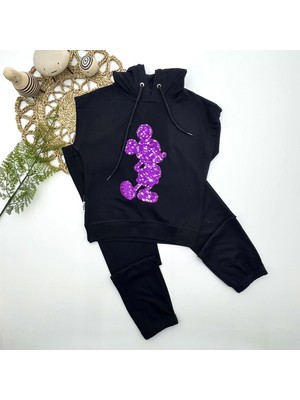 3-4-5 Yaş Kapşonlu Payetli Mickey Desenli Kısa Kol 2li Kız Erkek Çocuk Takımı Siyah