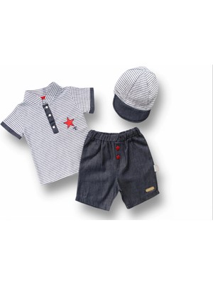 6-9 9-12 12-18 Ay Vip Yaka Şapkalı Kısa Kollu Sweat 3lü Erkek Bebek Takımı Gri