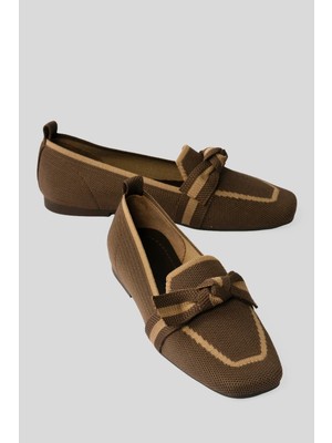 Mubiano Kadın Triko Babet Kare Burunlu Fiyonklu Günlük Babet Aira Kahve