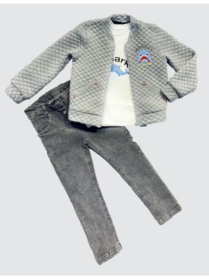 4-5-6 Yaş Kot Pantolonlu Pilot Mont Uzun Kollu Penye Sweat 3lü Erkek Çocuk Takımı Gri