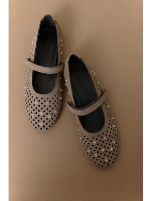 Lutvelizade Babet 2608 - Taş İşlemeli Bantlı Vizon Süet Kadın Babet