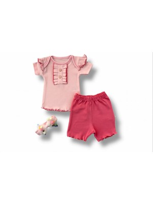 3-6 6-9 9-12 12-18 Ay Düğme Detaylı Bandanalı Kısa Kollu Sweat 3lü Kız Bebek Takımı Pudra