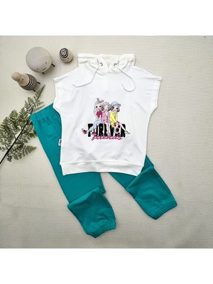 3-4-5 Yaş Forever Cici Kızlar Baskılı Kapşonlu 2li Kız Çocuk Takımı Turkuaz