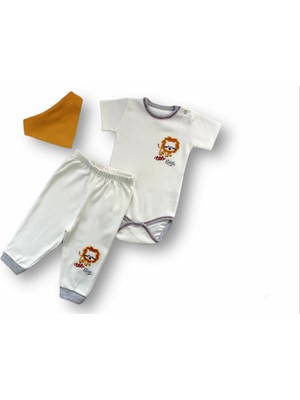 3-6 6-9 9-12 Ay Yavru Aslan Nakışlı Bandajlı Kısa Kollu Zıbınlı 3lü Erkek Bebek Takımı Ekru