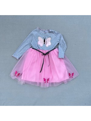 5-6-7 Yaş Taşlı Kelebek Desenli Kurdela Kuşaklı Astarlı Kız Çocuk Tütü Elbise Pembe