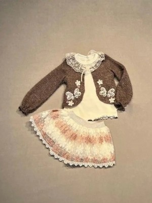 1-2-3 Yaş Brode Etekli Örme Hırkalı Uzun Kollu Sweat 3lü Kız Çocuk Takımı Kahverengi