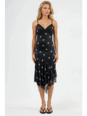 Hiccup Kadınlar V Yaka Baskılı Vücuda Oturan Dantel Detaylı Maxi Elbise Siyah