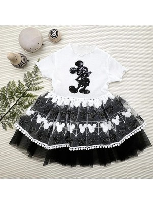 1-2-3 Yaş Payetli Mickey Baskılı Brode Etekli Kız Bebek Elbisesi Siyah