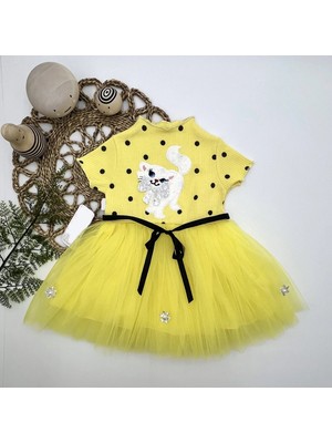 1-2-3 Yaş Payetli Kedicik Baskılı Puantiyeli Kız Bebek Elbisesi Sarı