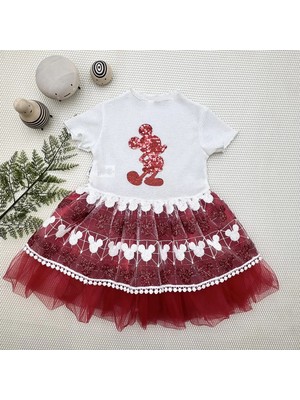 1-2-3 Yaş Payetli Mickey Baskılı Brode Etekli Kız Bebek Elbisesi Kırmızı