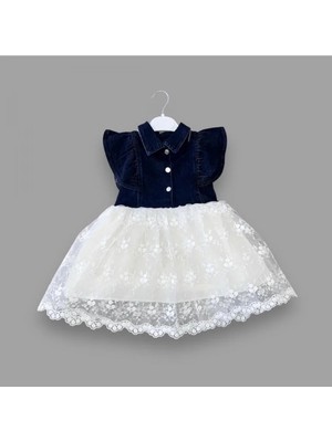 2-3-4 Yaş Astarlı Brode Etekli Kot Kumaş Düğmeli Kız Çocuk Elbisesi Lacivert
