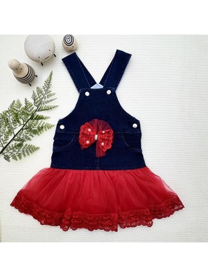2-3-4 Yaş Fiyonklu Düğme Detaylı Tül Etek Kot Kumaş Salopet Kız Çocuk Elbisesi Lacivert-Kırmızı
