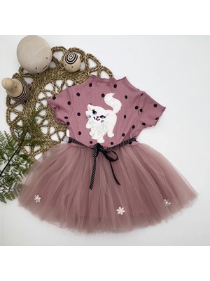 1-2-3 Yaş Payetli Kedicik Baskılı Puantiyeli Kız Bebek Elbisesi Gül Kurusu