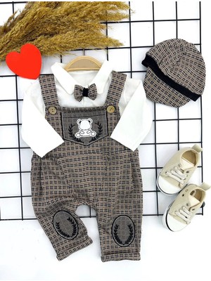 3-6-9-12 Ay Papyonlu Kırçıl Nakış Detaylı Kasket Şapkalı Uzun Kollu 3lü Erkek Bebek Salopet Takımı Bej