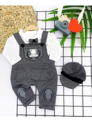 3-6-9-12 Ay Papyonlu Kırçıl Nakış Detaylı Kasket Şapkalı Uzun Kollu 3lü Erkek Bebek Salopet Takımı Gri