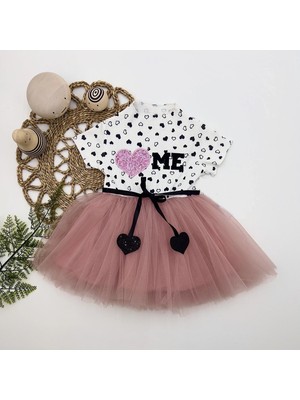 1-2-3 Yaş Payetli Kalp Me Baskılı Kız Bebek Elbisesi Gül Kurusu