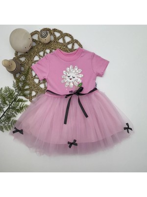 1-2-3 Yaş Payet Yapraklı Çiçek Nakışlı Astarlı Kız Bebek Tütü Elbisesi Pembe