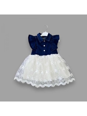 2-3-4 Yaş Astarlı Brode Etekli Kot Kumaş Düğmeli Kız Çocuk Elbisesi Mavi