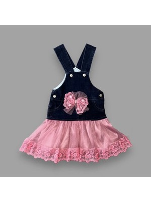 2-3-4 Yaş Fiyonklu Düğme Detaylı Tül Etek Kot Kumaş Salopet Kız Çocuk Elbisesi Lacivert-Gül Kurusu