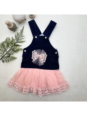 2-3-4 Yaş Fiyonklu Düğme Detaylı Tül Etek Kot Kumaş Salopet Kız Çocuk Elbisesi Lacivert-Pudra