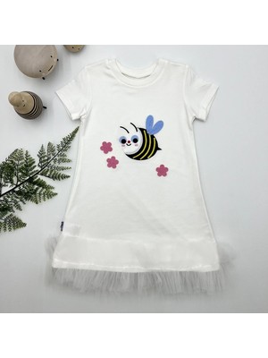 1-2-3 Yaş Arıcık Nakışlı Eteği Fırfırlı Jile Kız Çocuk Elbisesi Beyaz